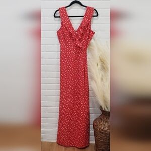 Heartloom Ruffle Collar Floral Wrap Maxi Dress Red Cream Green size Medium